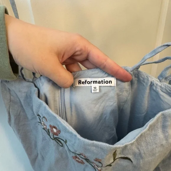 Reformation Floral Embroidered Linen Tovianna Dress Short Bow Tie Straps - Picture 4 of 5